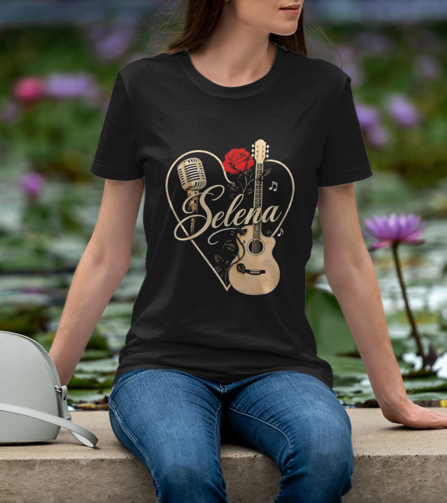Selena Heart With Rose Microphone Guitar Music Notes T-Shirt