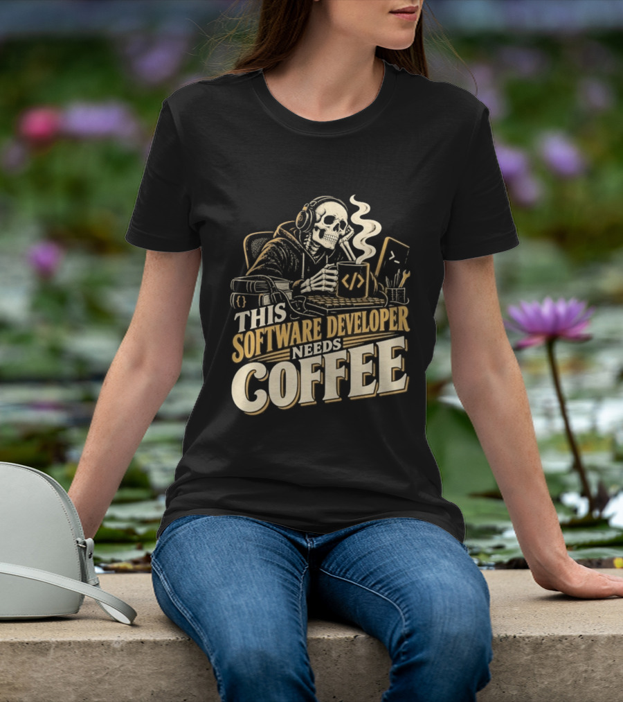 This Software Developer Needs Coffee Coding Skeleton T-Shirt
