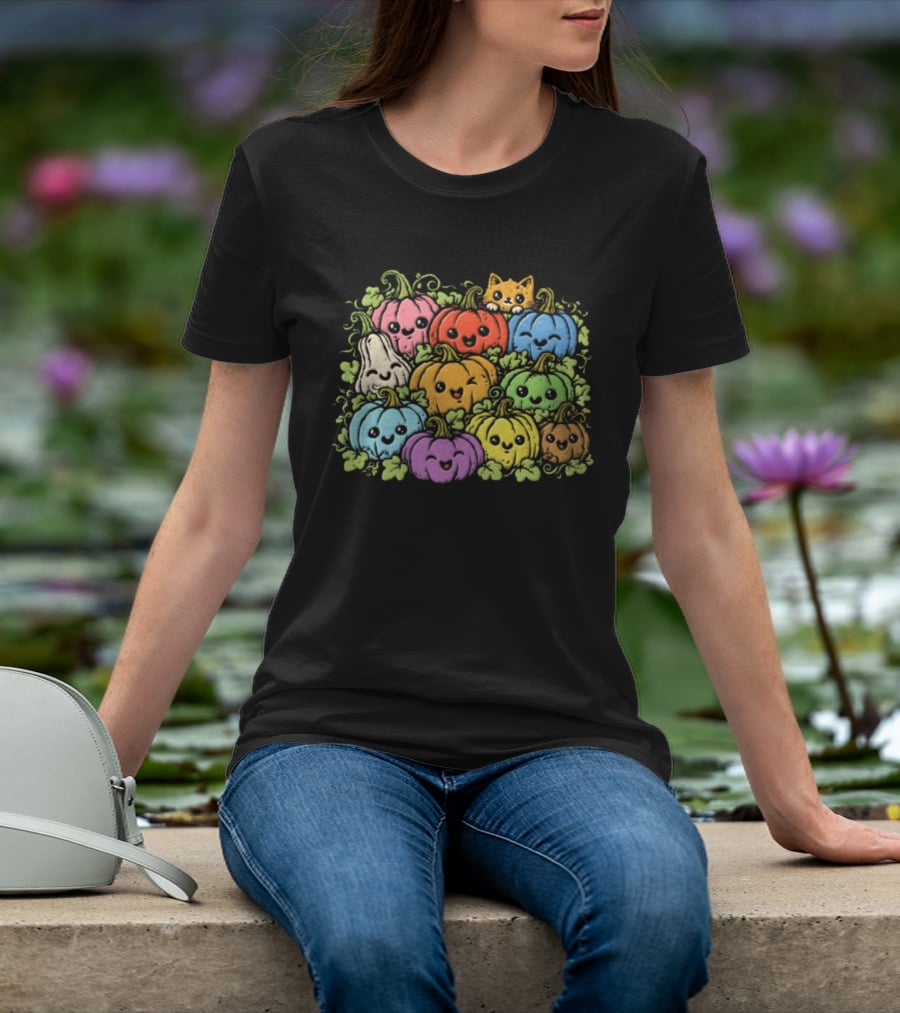 Halloween Cute Colorful Pumpkins And Gourds With Orange Cat T-Shirt