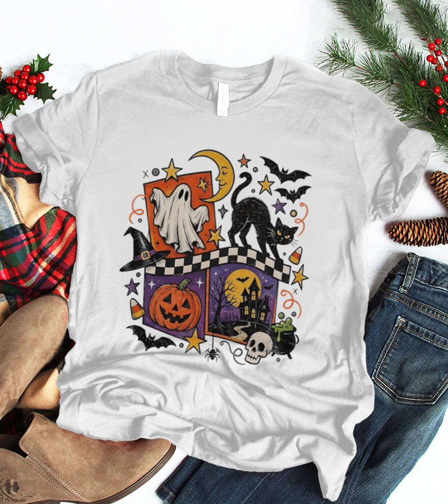 Halloween Ghost Cat Moon Pumpkin Witch Hat Skull Scene T-Shirt