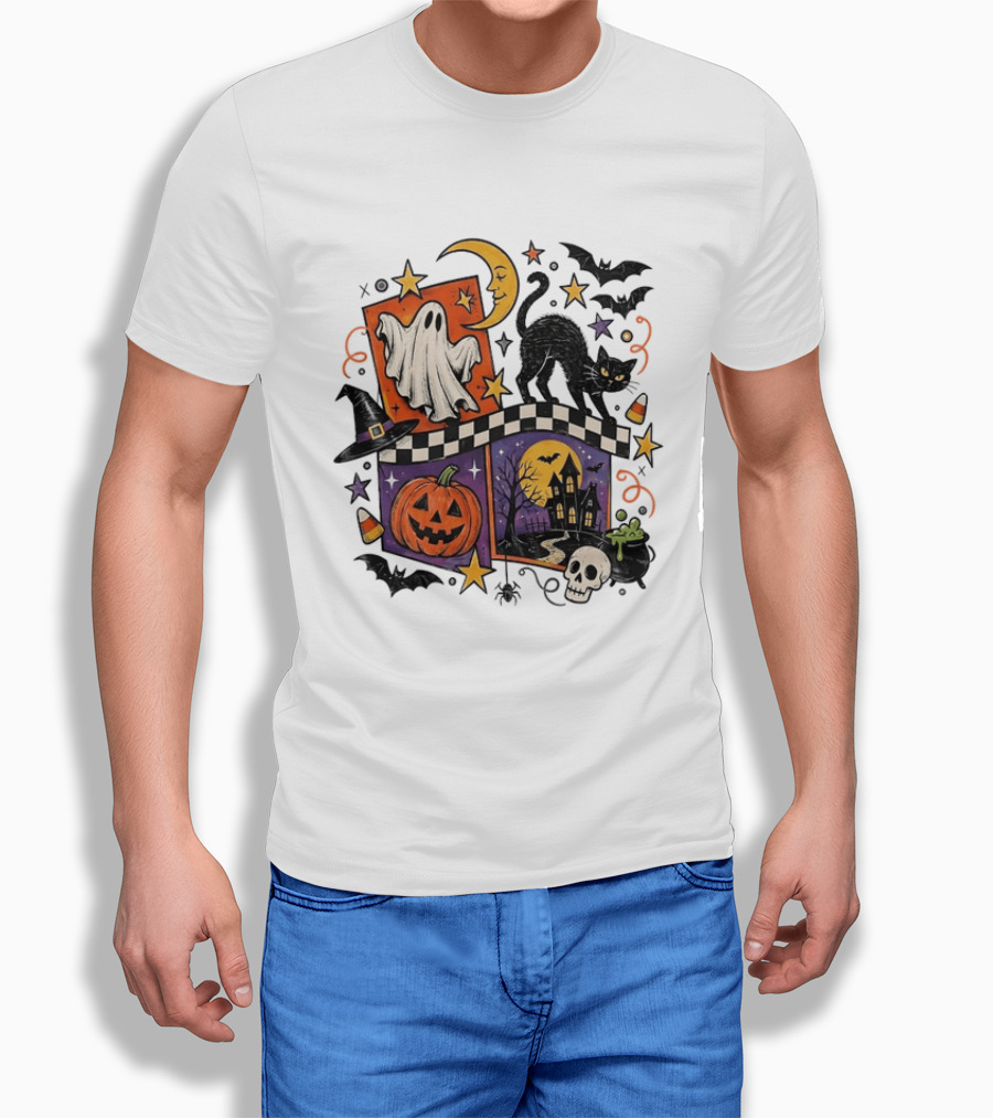 Halloween Ghost Cat Moon Pumpkin Witch Hat Skull Scene T-Shirt