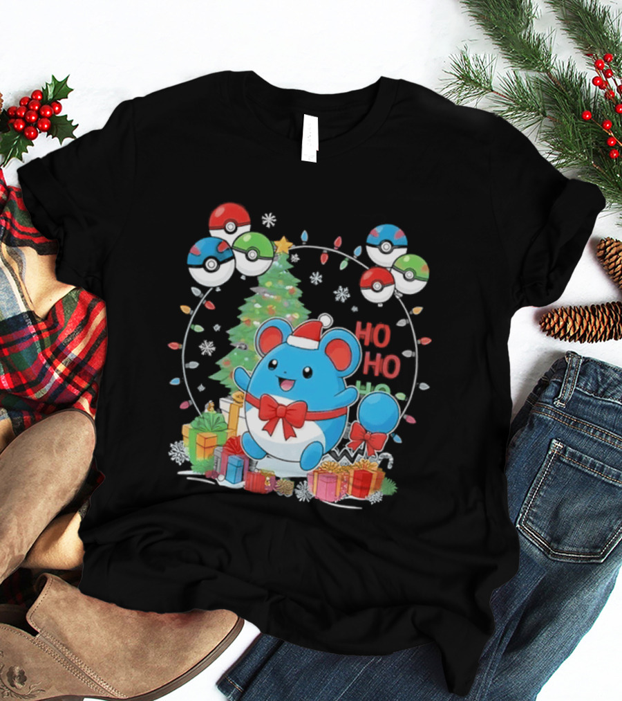 Marill Pokemon Christmas Ho Ho Ho Holiday Pokeballs Snowflakes Presents T-Shirt