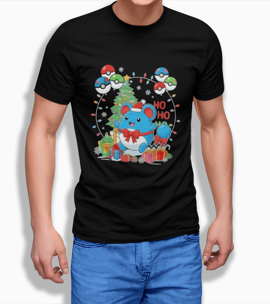 Marill Pokemon Christmas Ho Ho Ho Holiday Pokeballs Snowflakes Presents T-Shirt