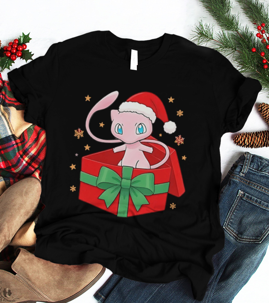 Mew Christmas Gift Box Pokemon Holiday Santa Hat Festive T-Shirt
