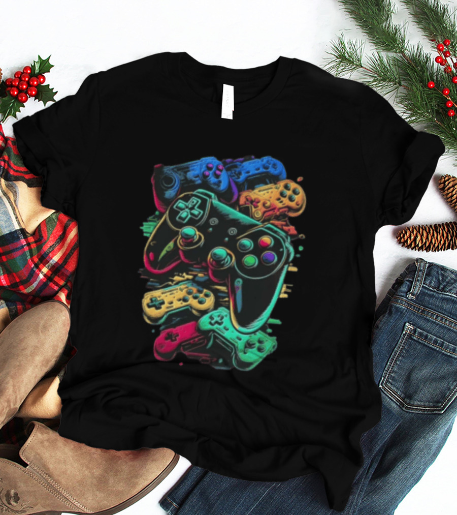Colorful Retro Video Game Controllers Gaming Geek Collection T-Shirt