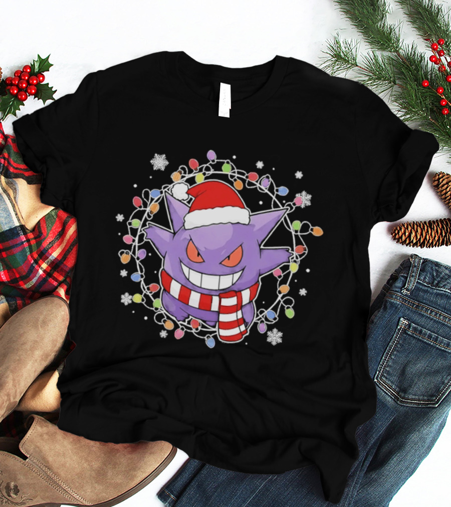 Gengar Christmas Lights Holiday Festive Santa Hat And Scarf T-Shirt
