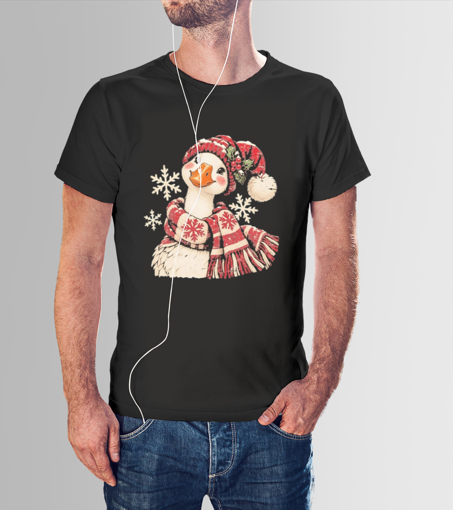 Goose With Red Scarf And Hat In Snowflake Winter Scene T-Shirt