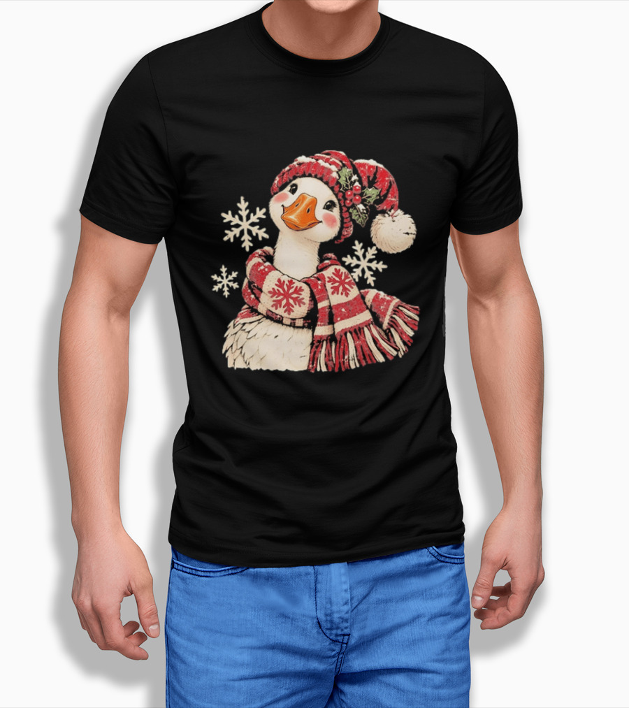 Goose With Red Scarf And Hat In Snowflake Winter Scene T-Shirt