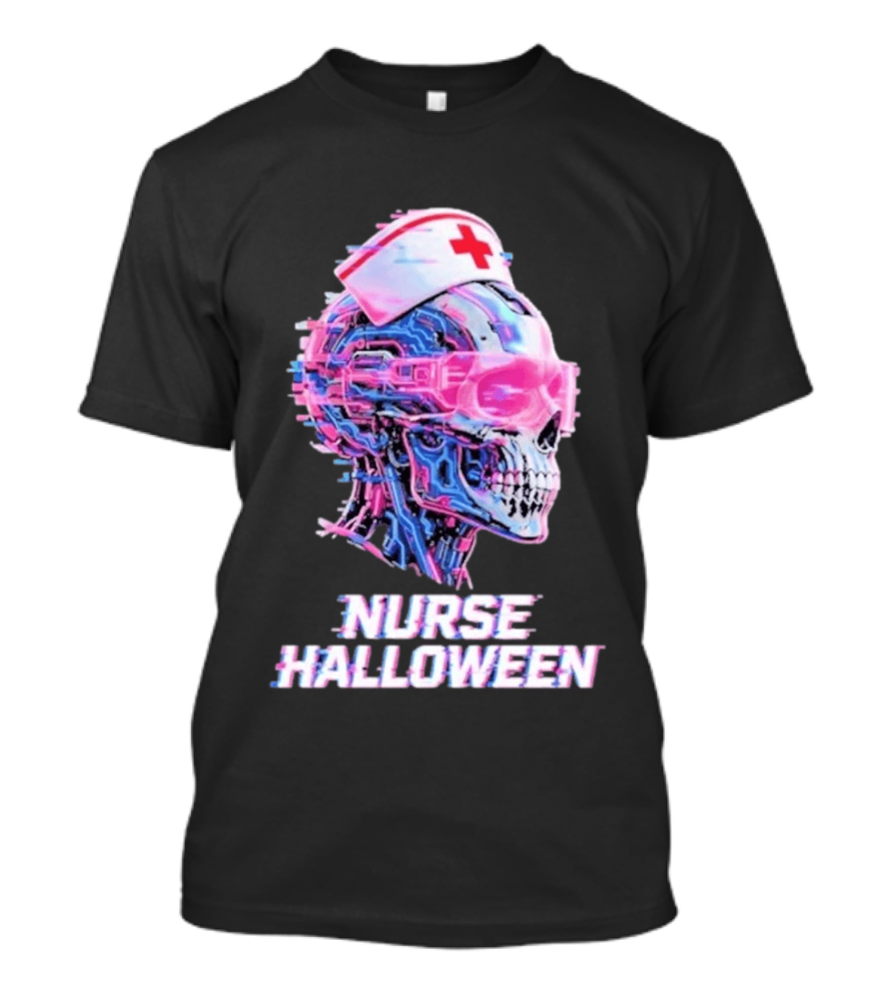 Nurse Halloween Cybernetic Skull Glitch Futuristic Nurse Cap And Neon Skull T-Shirt