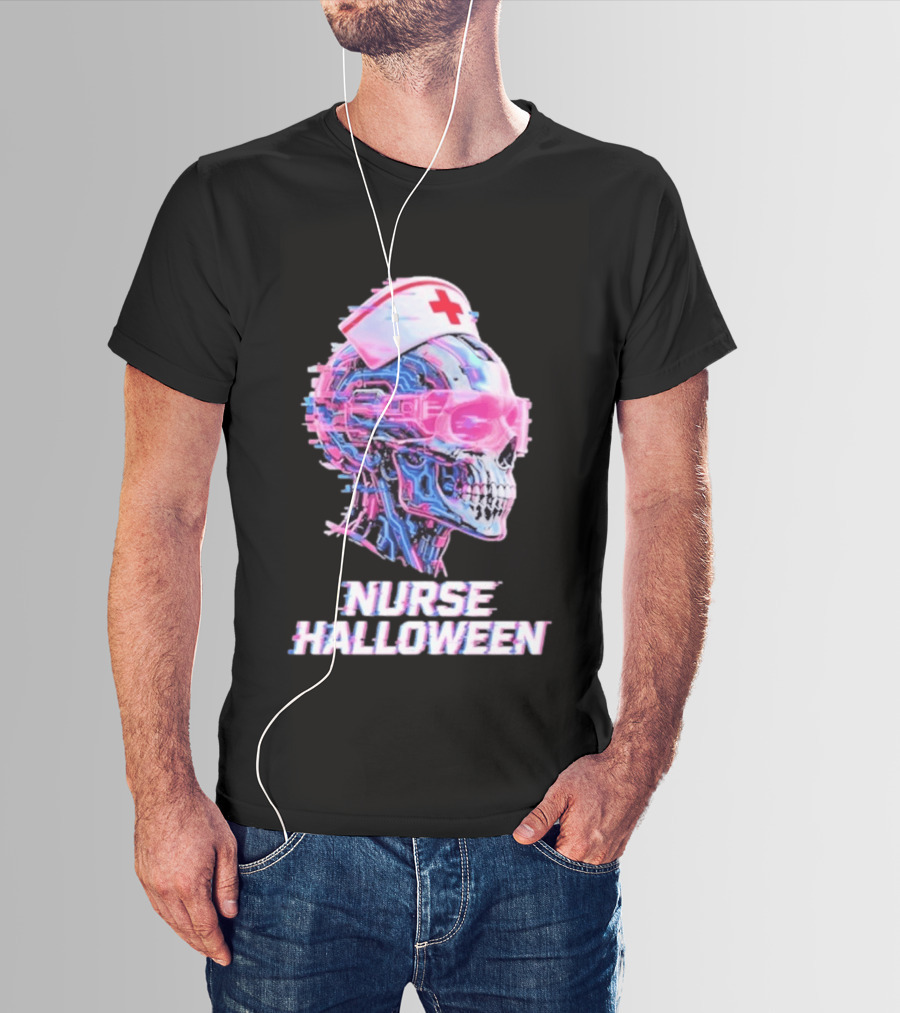 Nurse Halloween Cybernetic Skull Glitch Futuristic Nurse Cap And Neon Skull T-Shirt