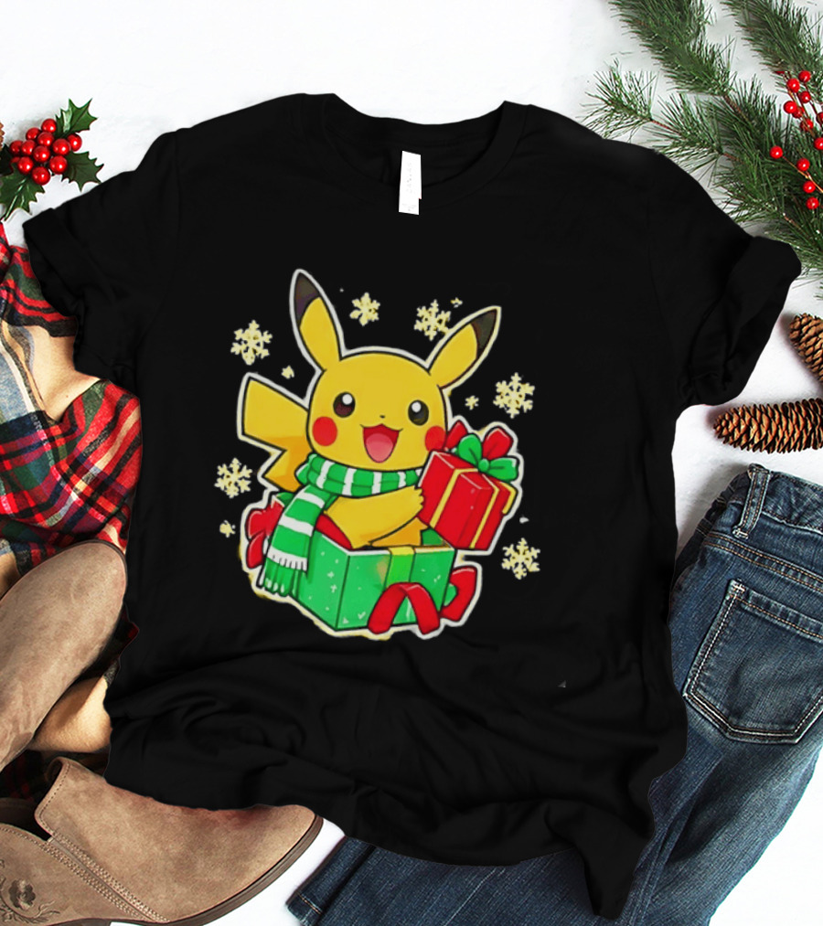 Pikachu Christmas Scarf With Gift Box Pokemon Holiday T-Shirt