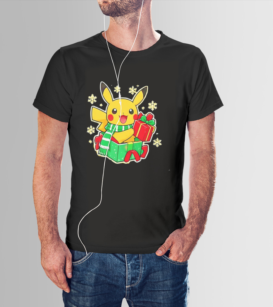 Pikachu Christmas Scarf With Gift Box Pokemon Holiday T-Shirt
