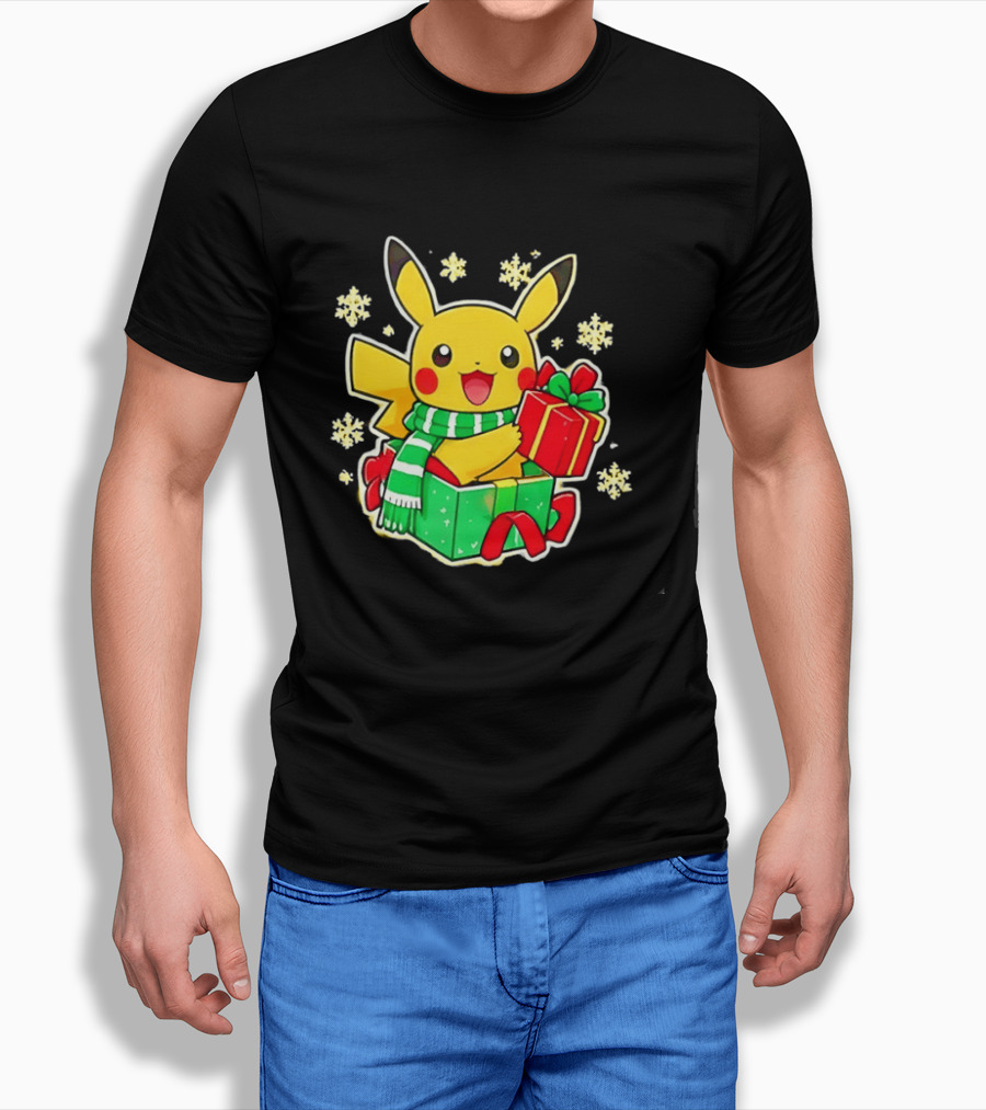 Pikachu Christmas Scarf With Gift Box Pokemon Holiday T-Shirt