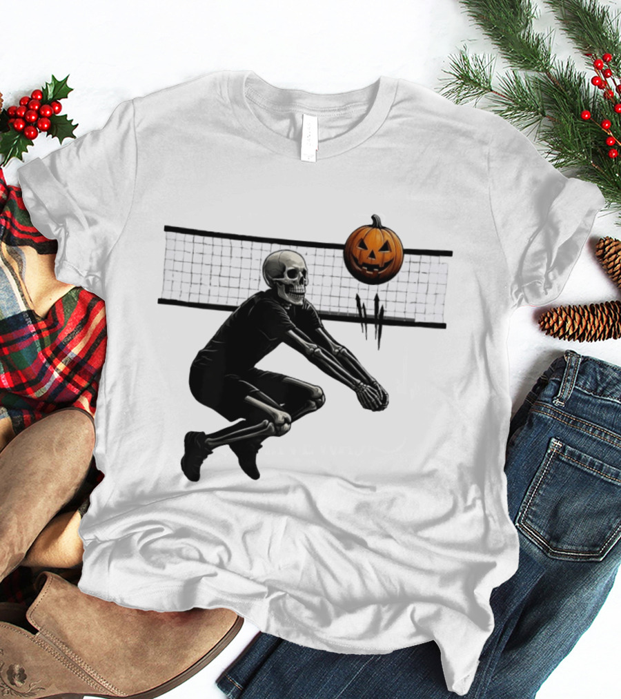 Bump Or Treat Halloween Volleyball Skeleton Pumpkin Spike T-Shirt