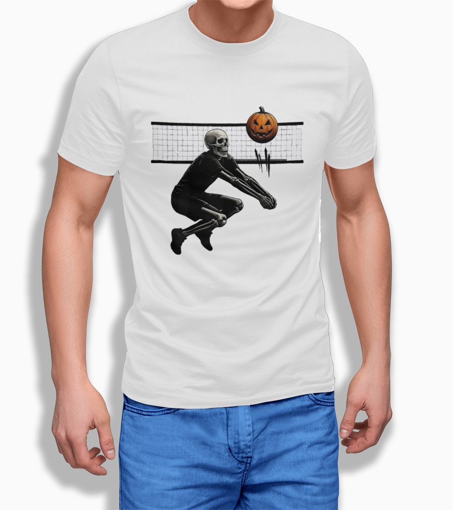 Bump Or Treat Halloween Volleyball Skeleton Pumpkin Spike T-Shirt
