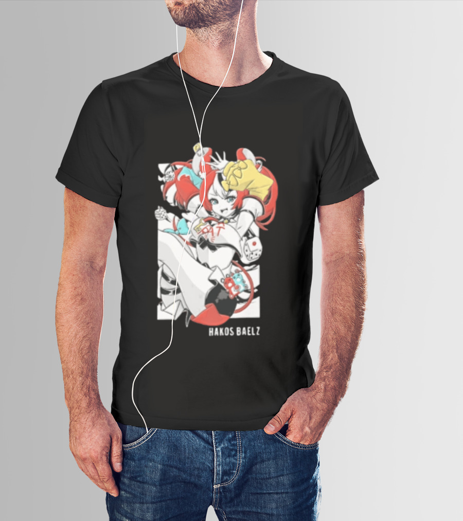 Hololive Hakos Baelz Anime Girl Red Hair Dice Playful Jumping T-Shirt