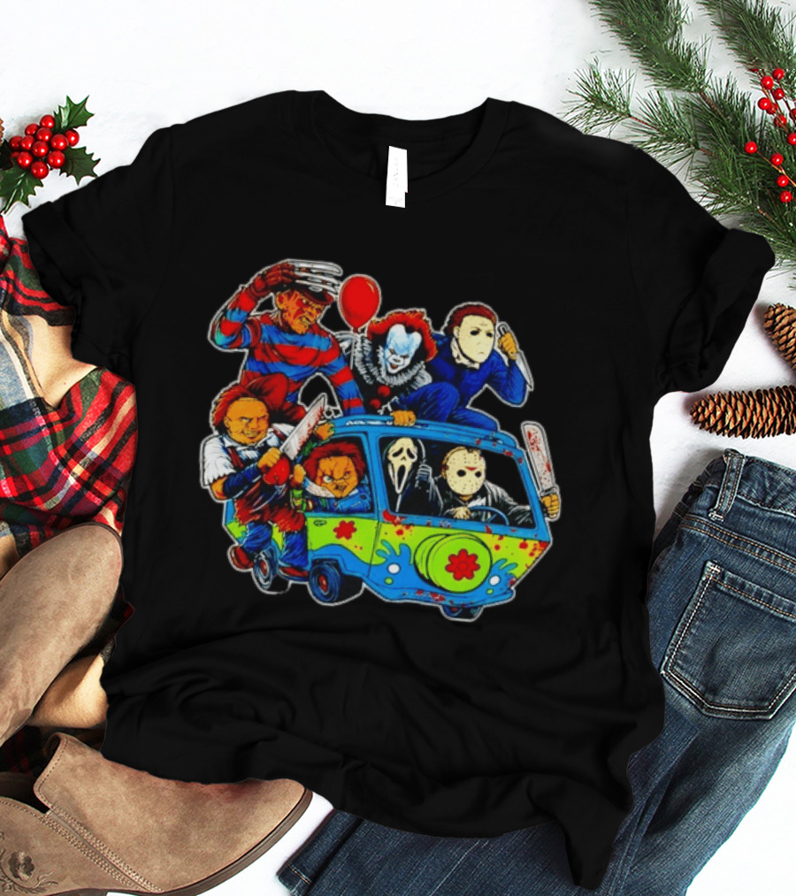 Horror Movie Icons Ride In Mystery Machine Van With Murderous Villains T-Shirt