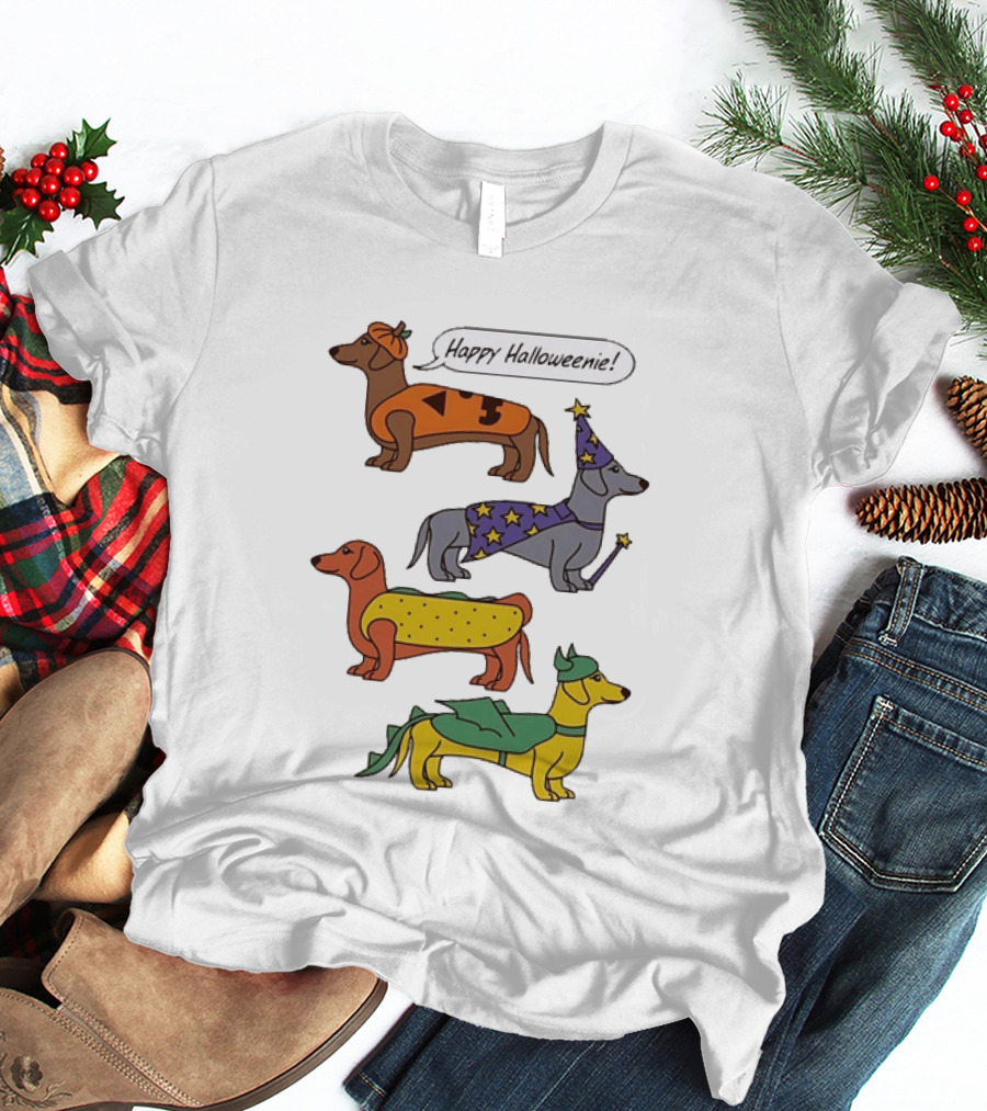 Happy Halloweenie Dachshund Dogs Costumes Pumpkin Wizard Hot Dog Dragon T-Shirt