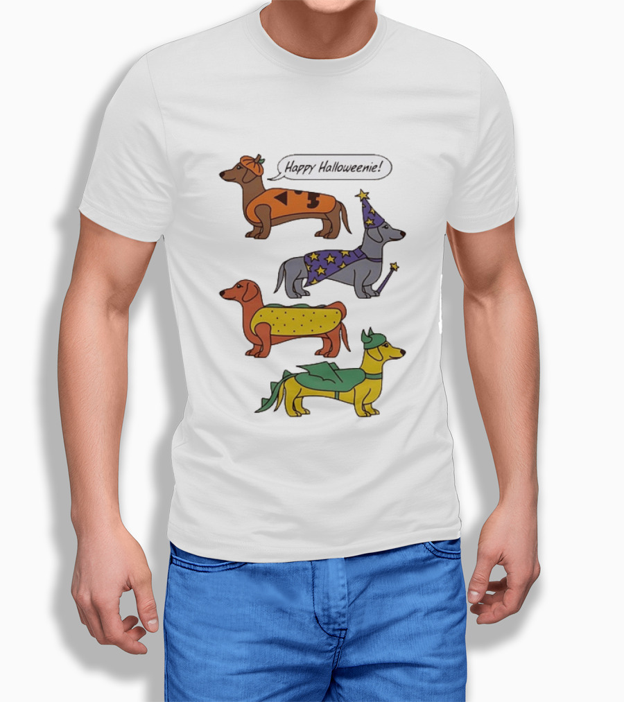 Happy Halloweenie Dachshund Dogs Costumes Pumpkin Wizard Hot Dog Dragon T-Shirt