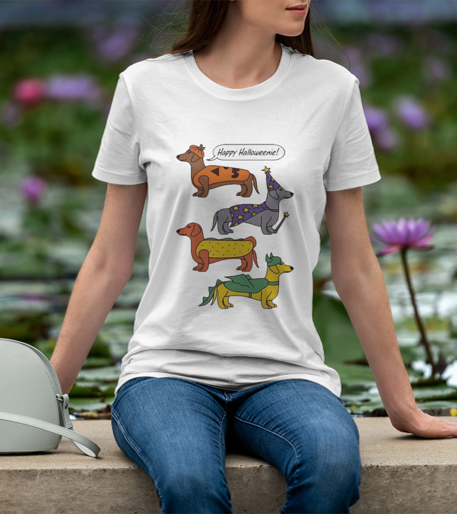 Happy Halloweenie Dachshund Dogs Costumes Pumpkin Wizard Hot Dog Dragon T-Shirt