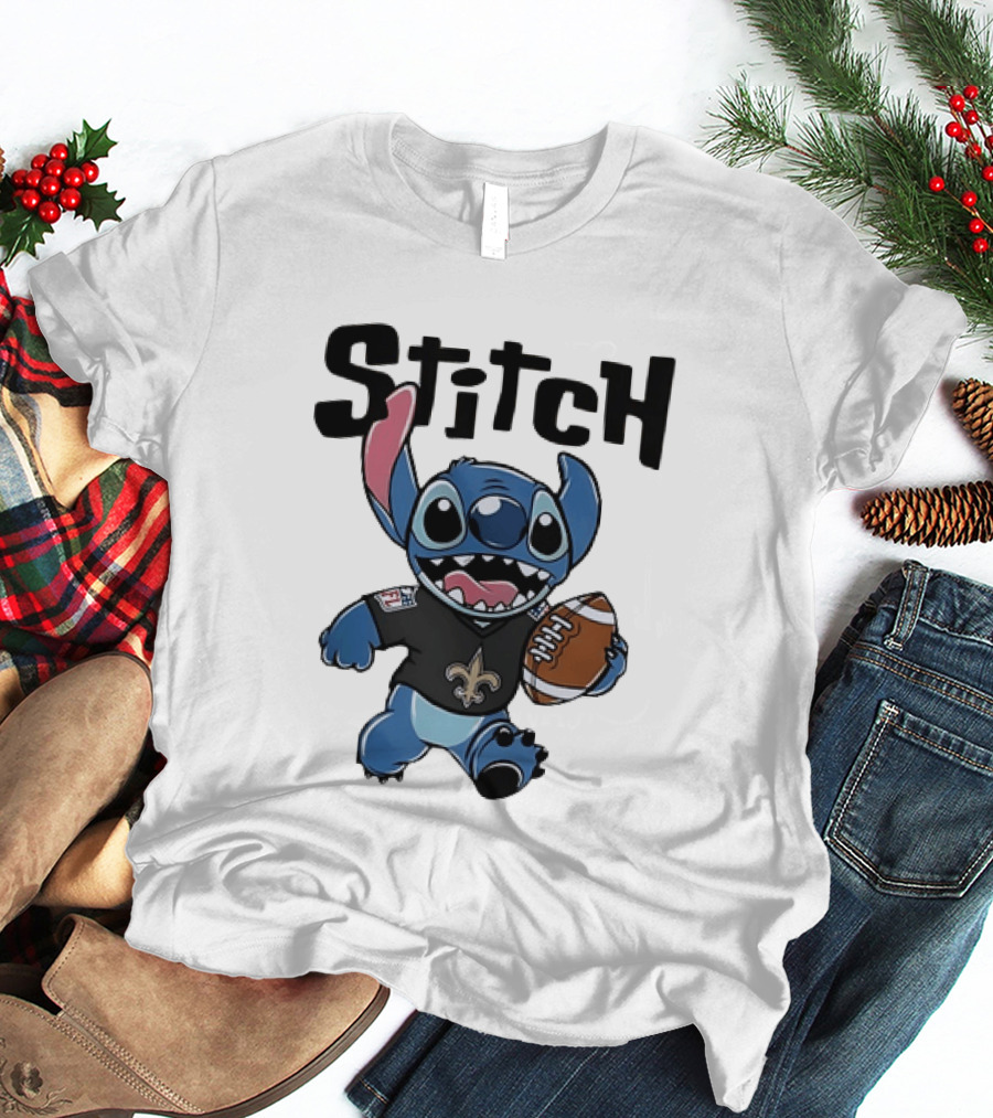 Stitch Carrying Football New Orleans Saints Disney T-Shirt