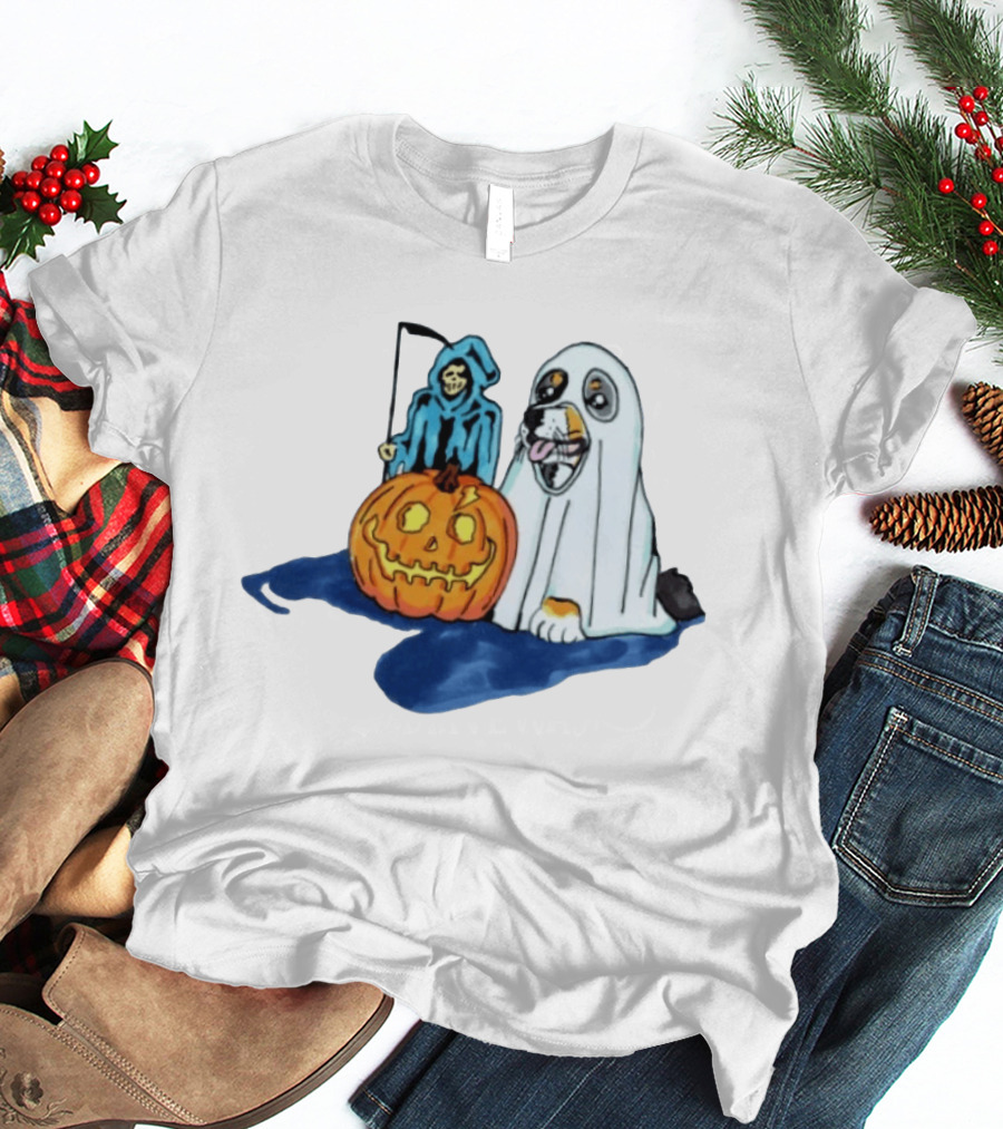 Trick Or Treat Dog Ghost Costume With Grim Reaper And Pumpkin T-Shirt