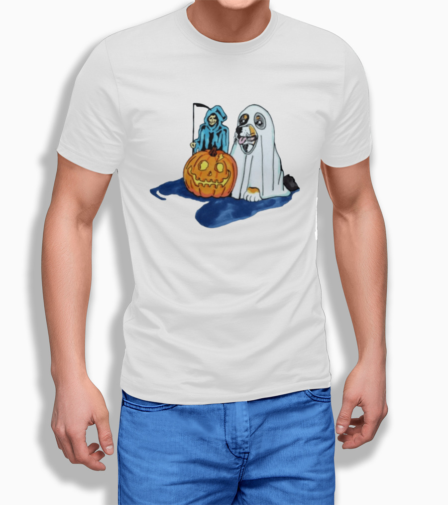 Trick Or Treat Dog Ghost Costume With Grim Reaper And Pumpkin T-Shirt