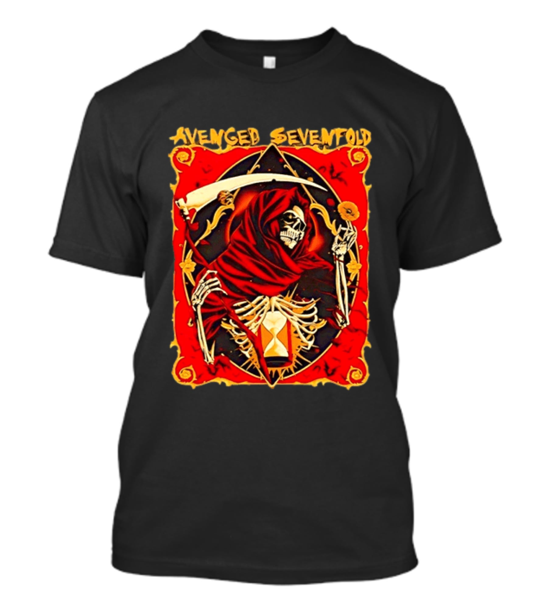 Avenged Sevenfold Grim Reaper Scythe Skeleton Hourglass Cloaked Skeleton T-Shirt