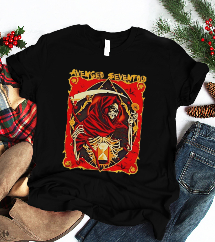Avenged Sevenfold Grim Reaper Scythe Skeleton Hourglass Cloaked Skeleton T-Shirt