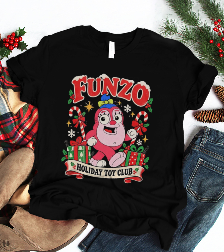 Funzo Christmas Holiday Toy Club Candy Cane And Presents T-Shirt
