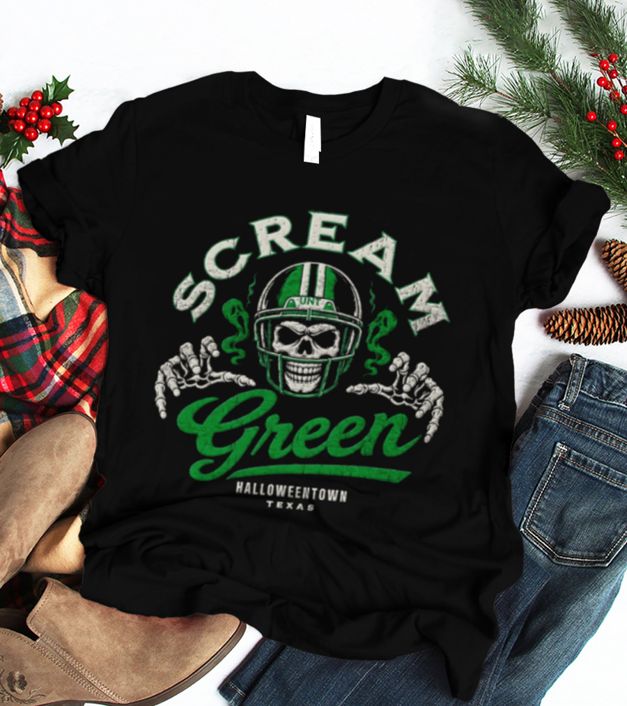 UNT Scream Green Halloweentown Texas Skull Football Helmet T-Shirt