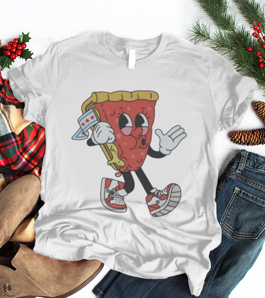 Chicago Meet The Foodies Lucy Lou Pizza Slice Walking Pizza With Chicago Flag And Sneakers T-Shirt