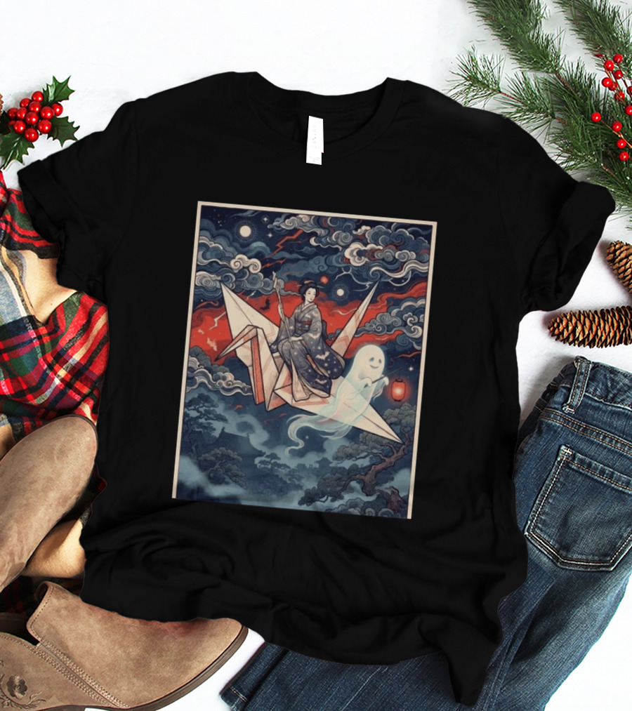 Witch And Ghost Halloween 2026 Japanese Origami Lantern Night Sky T-Shirt