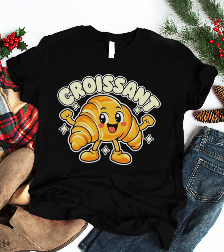 Croissant Happy Pastry Food Cartoon T-Shirt