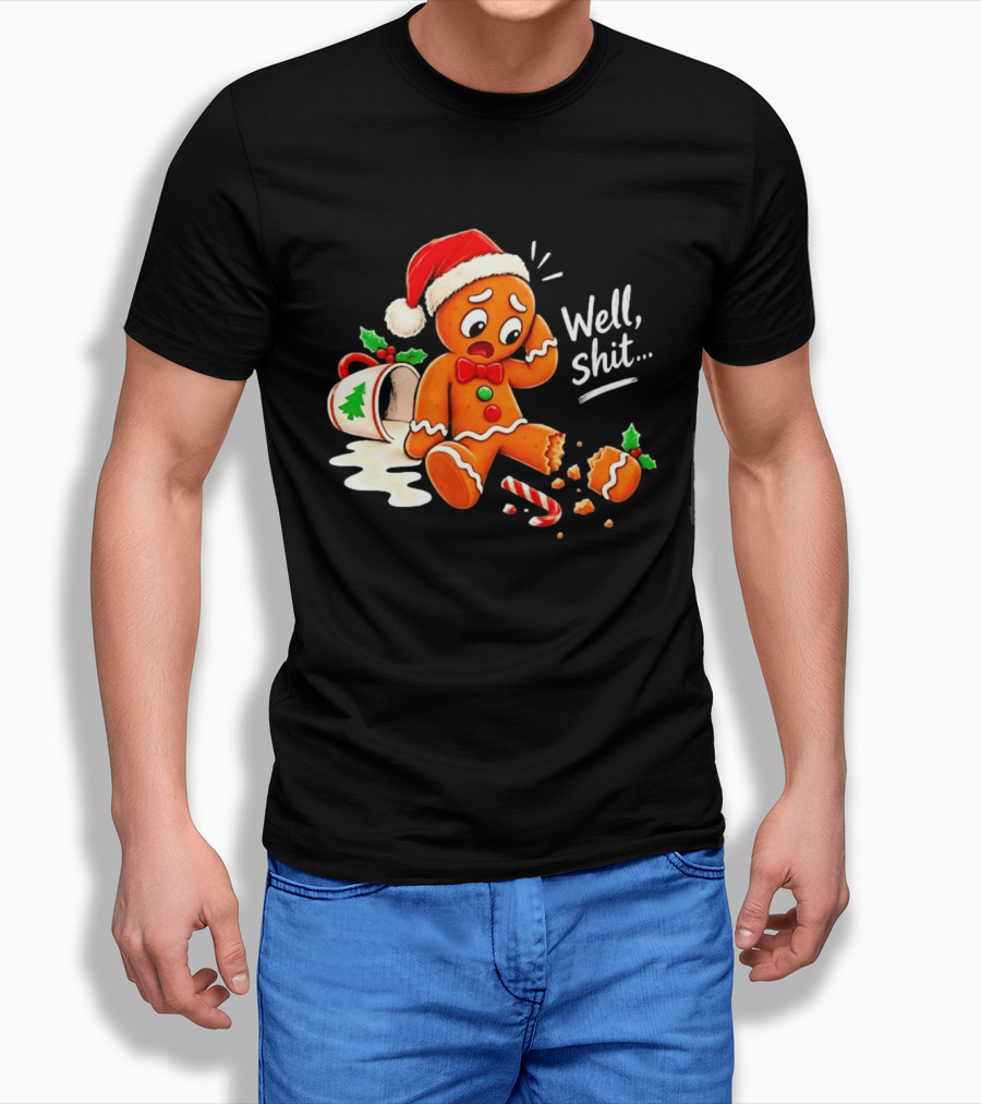 Well Shit Gingerbread Man Christmas Broken Cookie Candy Cane Hat T-Shirt
