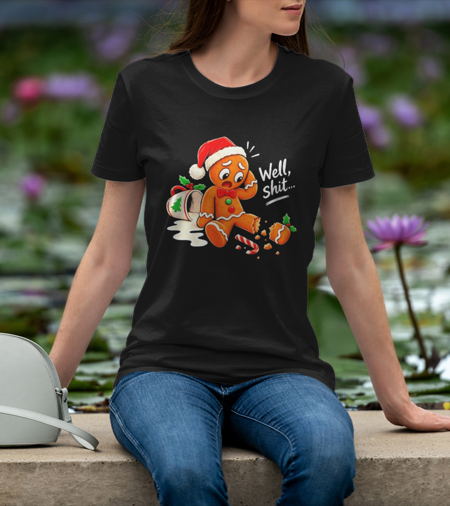 Well Shit Gingerbread Man Christmas Broken Cookie Candy Cane Hat T-Shirt