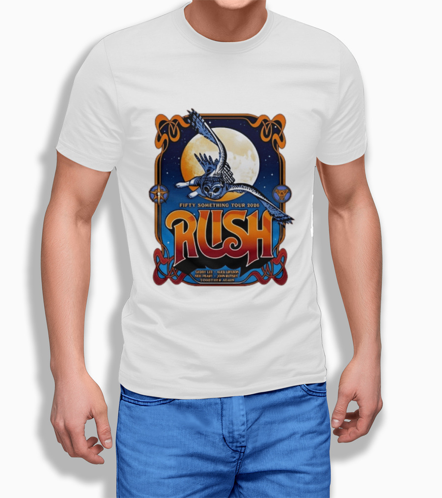 Rush Fifty Something Tour 2026 Geddy Lee Alex Lifeson Neil Peart John Rutsey Together Again Owl Moon T-Shirt
