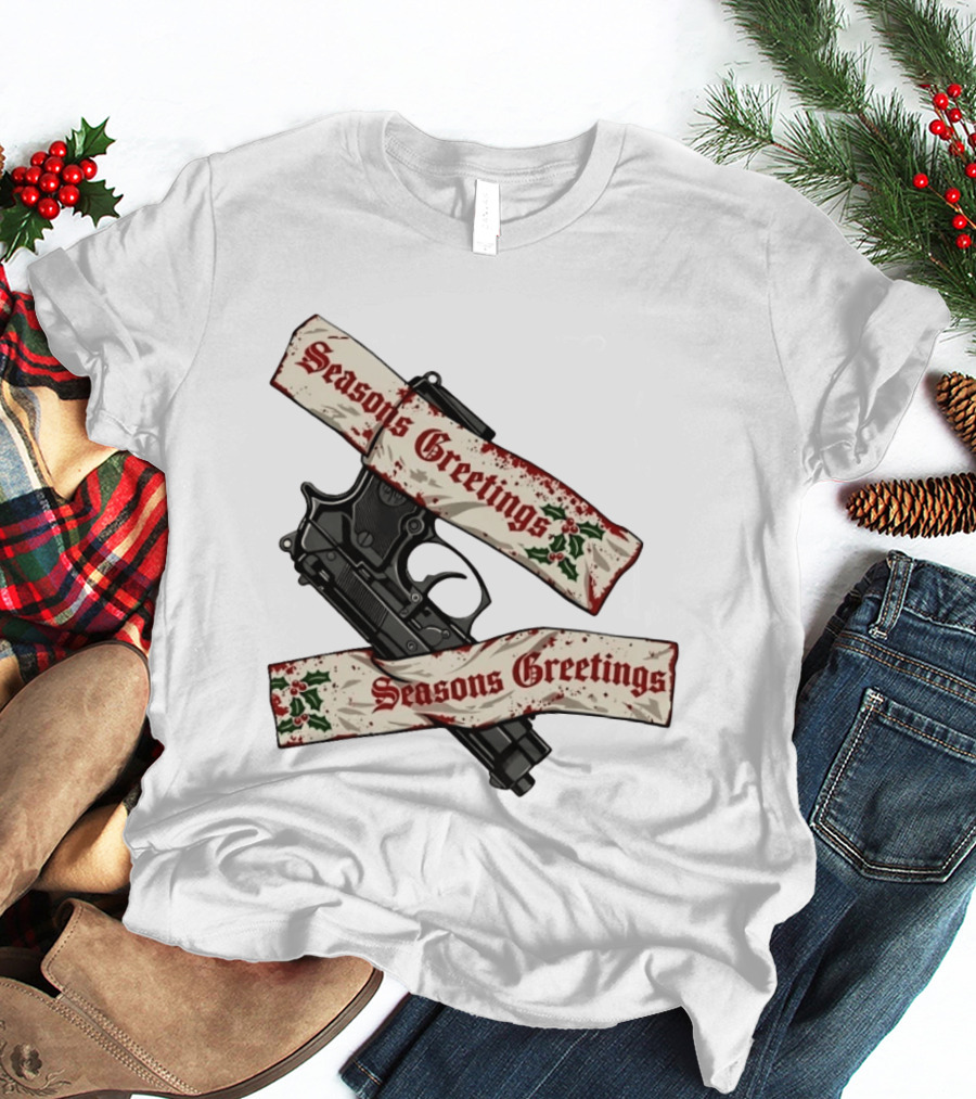 Seasons Greetings Handgun Holiday Pistol Merry Christmas T-Shirt
