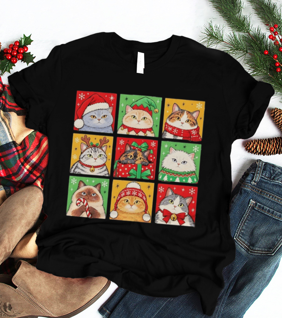 Cats In Christmas Costumes Festive Holiday Kittens Santa Hats And Gifts T-Shirt