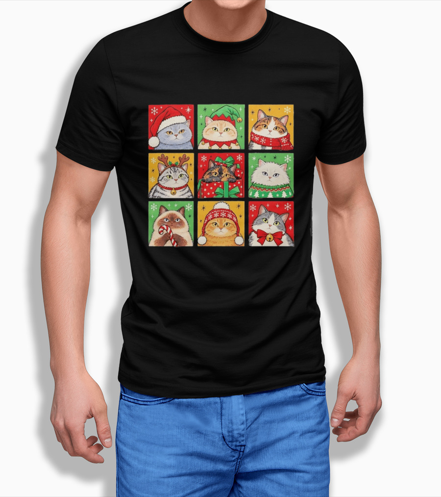 Cats In Christmas Costumes Festive Holiday Kittens Santa Hats And Gifts T-Shirt