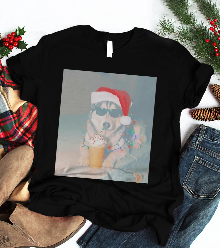 Husky Dog Santa Hat Sunglasses Christmas Lights And Holiday Drink T-Shirt