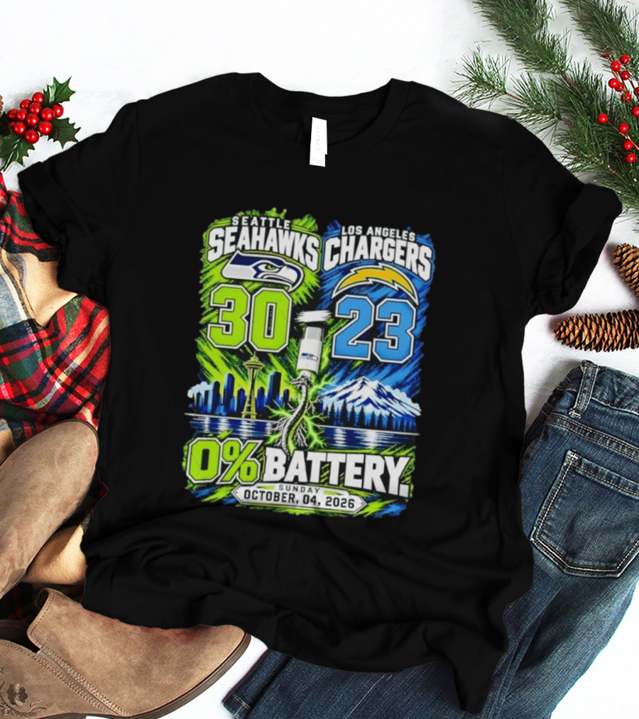 Seattle Seahawks Vs Los Angeles Chargers 30 23 Game 0% Battery October 4 2026 T-Shirt