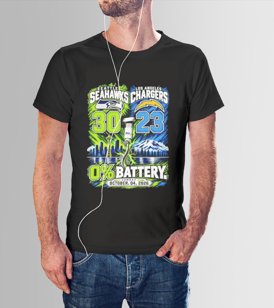 Seattle Seahawks Vs Los Angeles Chargers 30 23 Game 0% Battery October 4 2026 T-Shirt