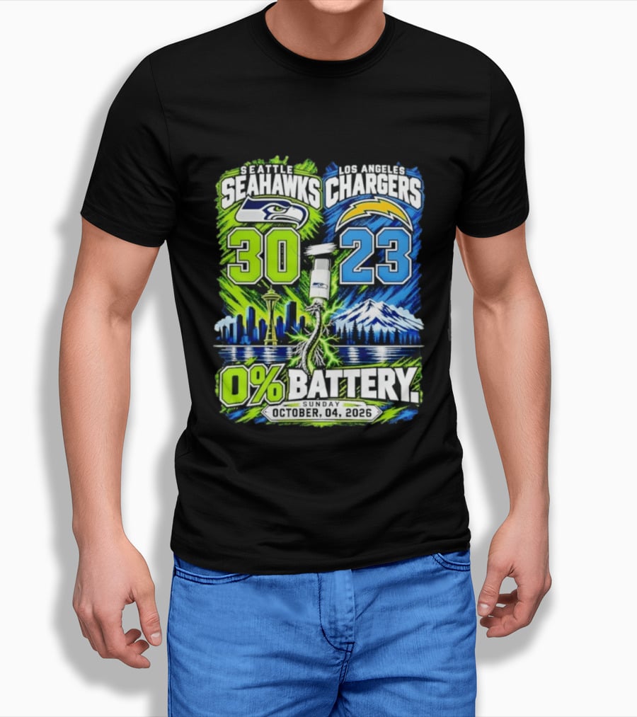 Seattle Seahawks Vs Los Angeles Chargers 30 23 Game 0% Battery October 4 2026 T-Shirt