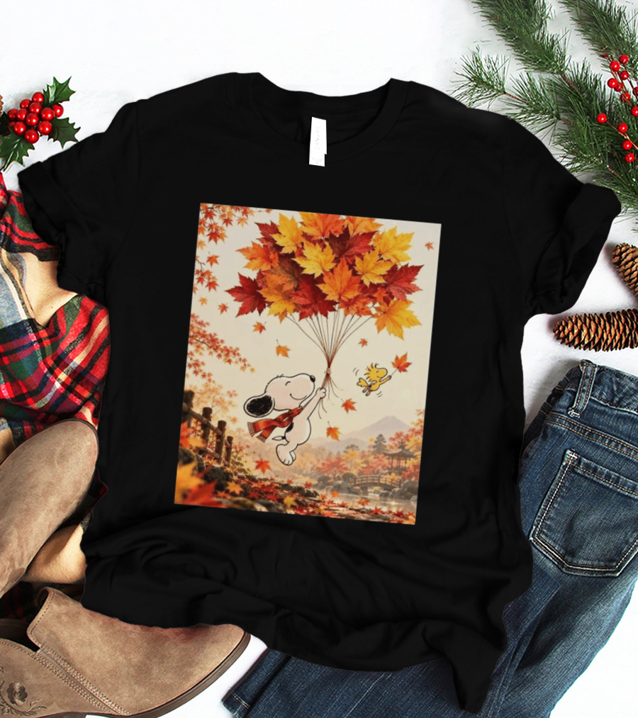 Snoopy And Woodstock Autumn Leaves Floating Scene With Tree And Bridge T-Shirt