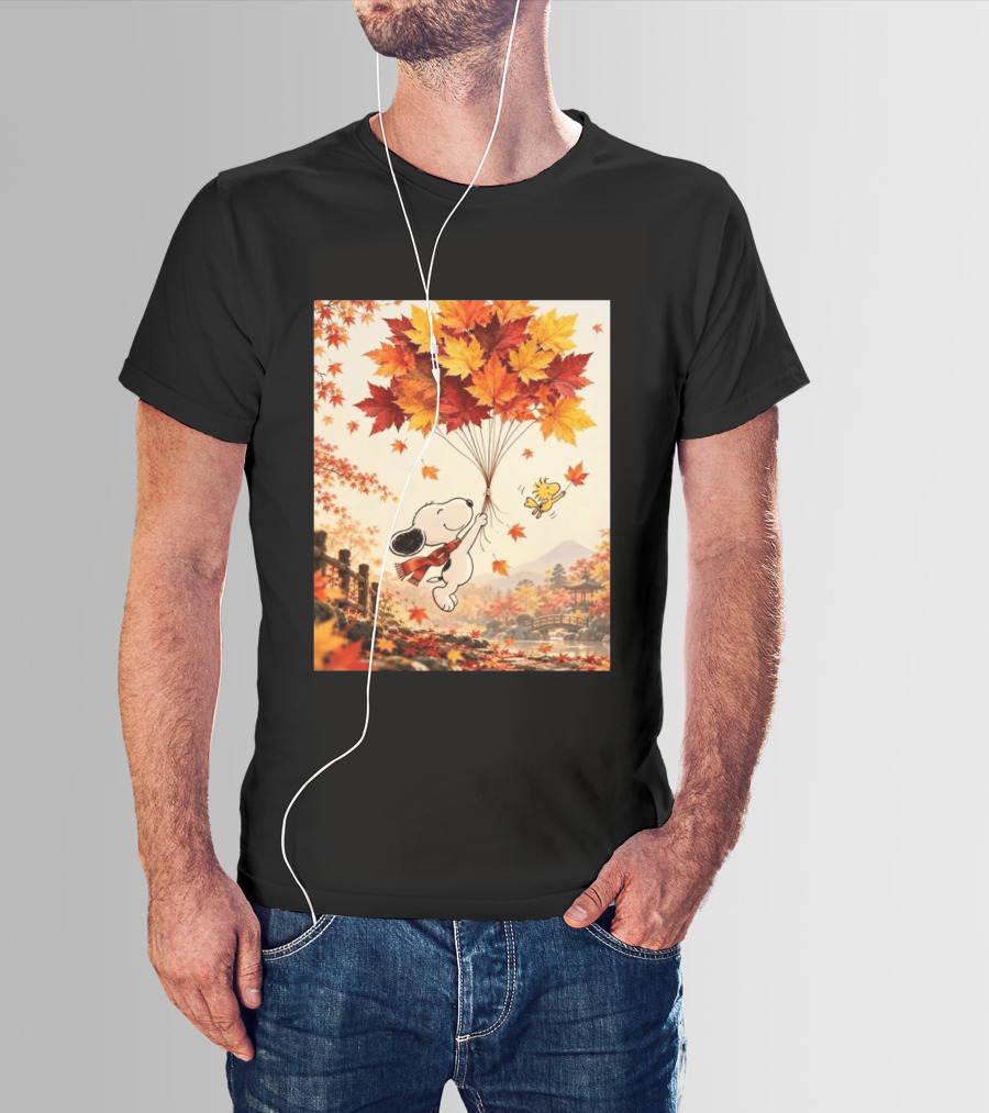 Snoopy And Woodstock Autumn Leaves Floating Scene With Tree And Bridge T-Shirt