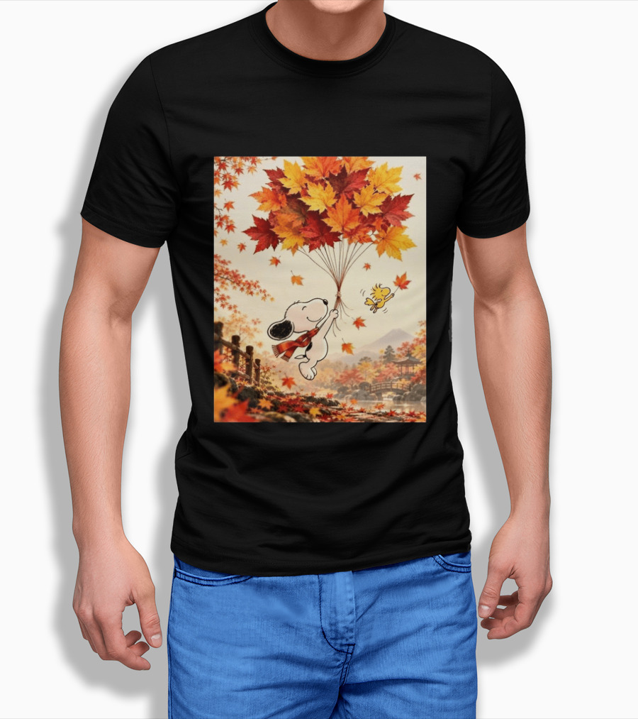 Snoopy And Woodstock Autumn Leaves Floating Scene With Tree And Bridge T-Shirt