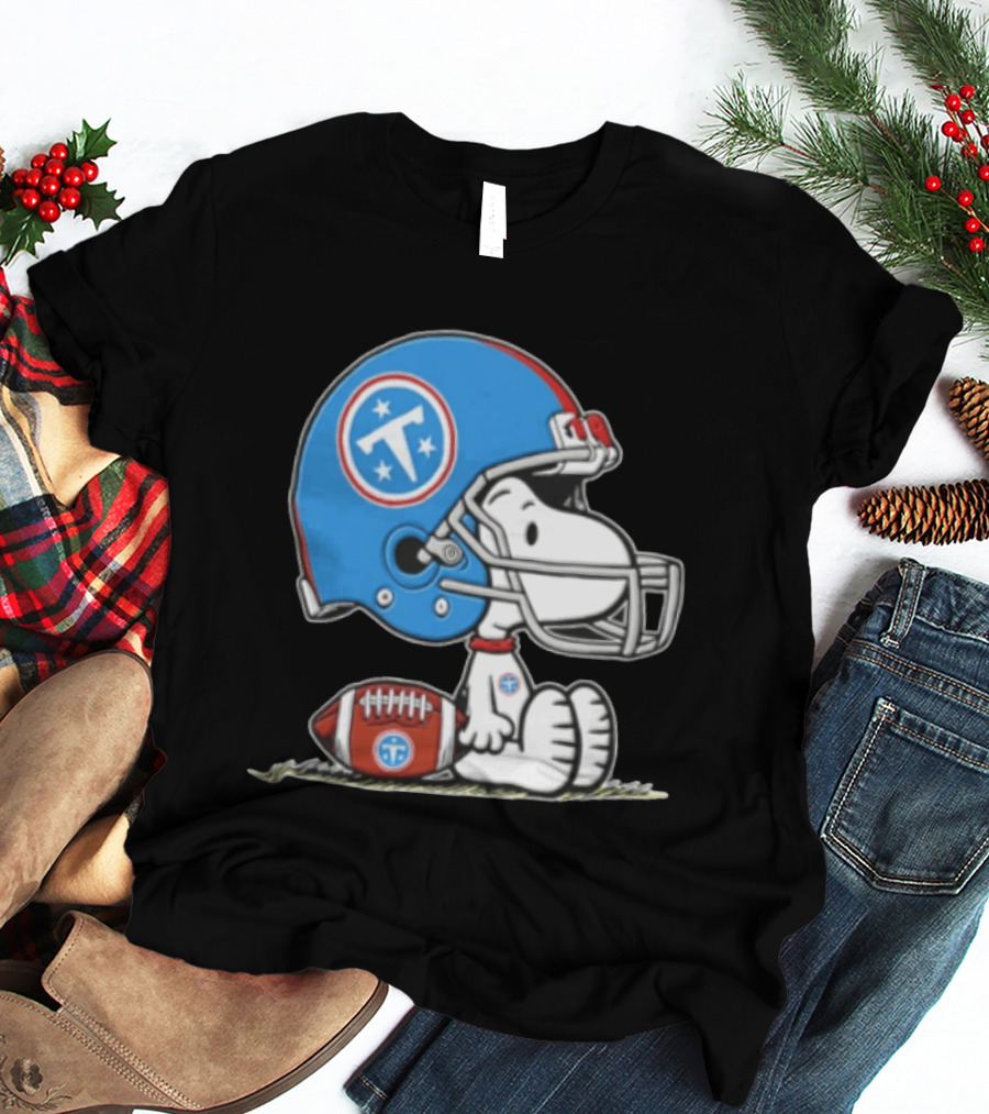 Snoopy Wearing Tennessee Titans Football Helmet Sitting With Football T-Shirt