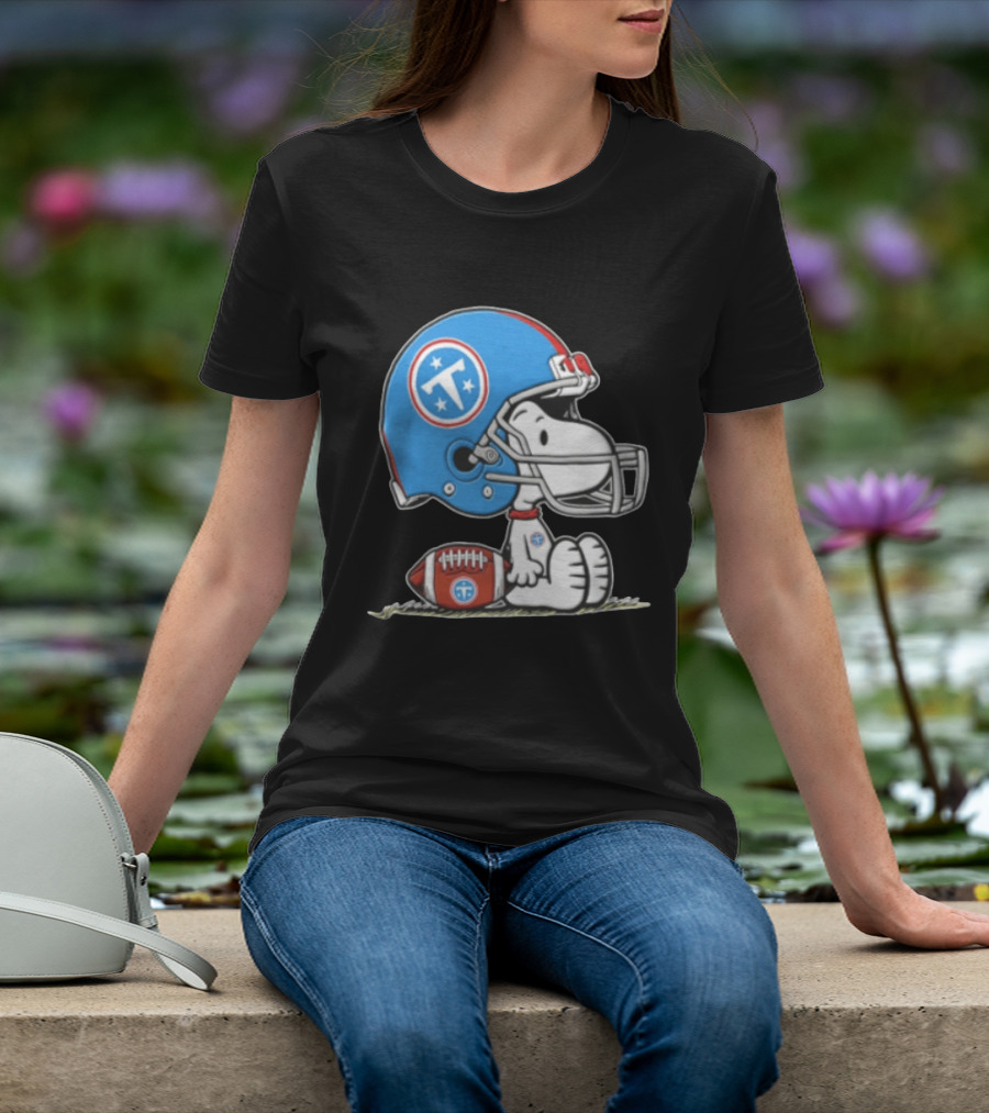 Snoopy Wearing Tennessee Titans Football Helmet Sitting With Football T-Shirt