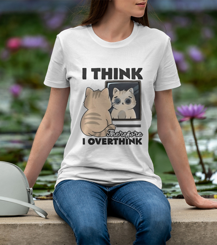 Cat I Think Therefore I Overthink Mirror Reflection T-Shirt